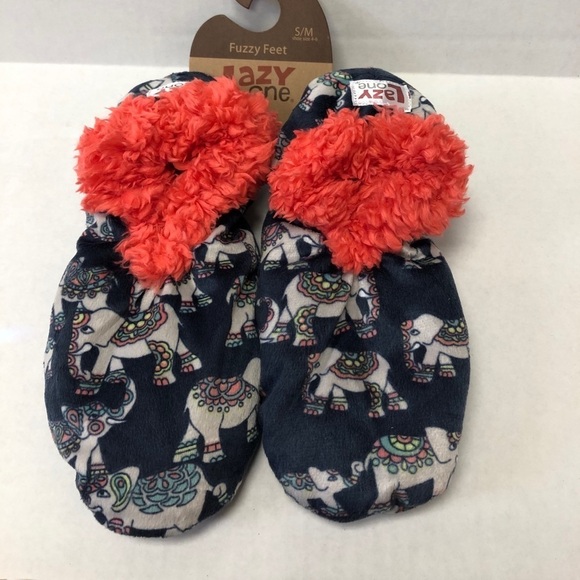33. Lazy One Fuzzy Feet Slippers Blue with Elephants - Picture 1 of 3